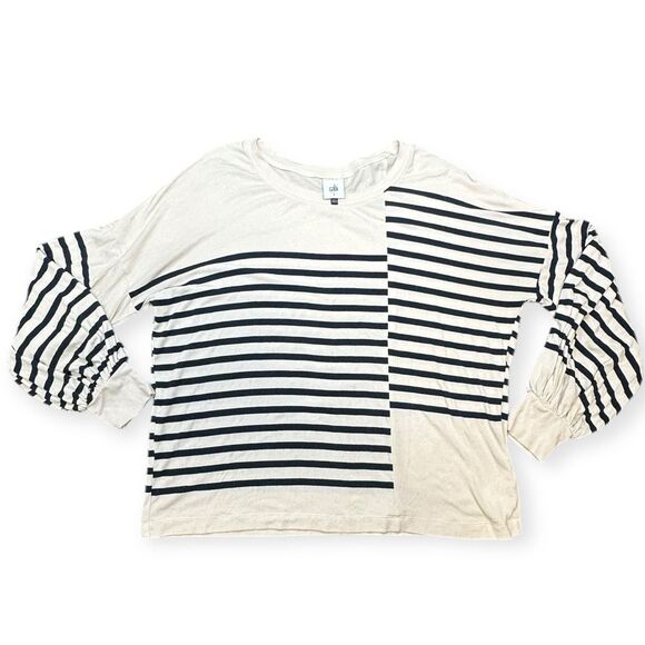 CABI Women’s Cream and Navy Long Sleeve Boxy Striped Tee Size Small Style #4237 - Picture 2 of 6